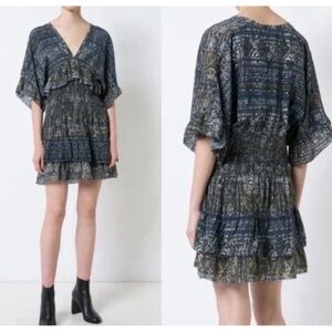 IRO Dress 36 Tulsa Printed Silk Tiered Mini Snake Print Smocked Ruffle Green‎